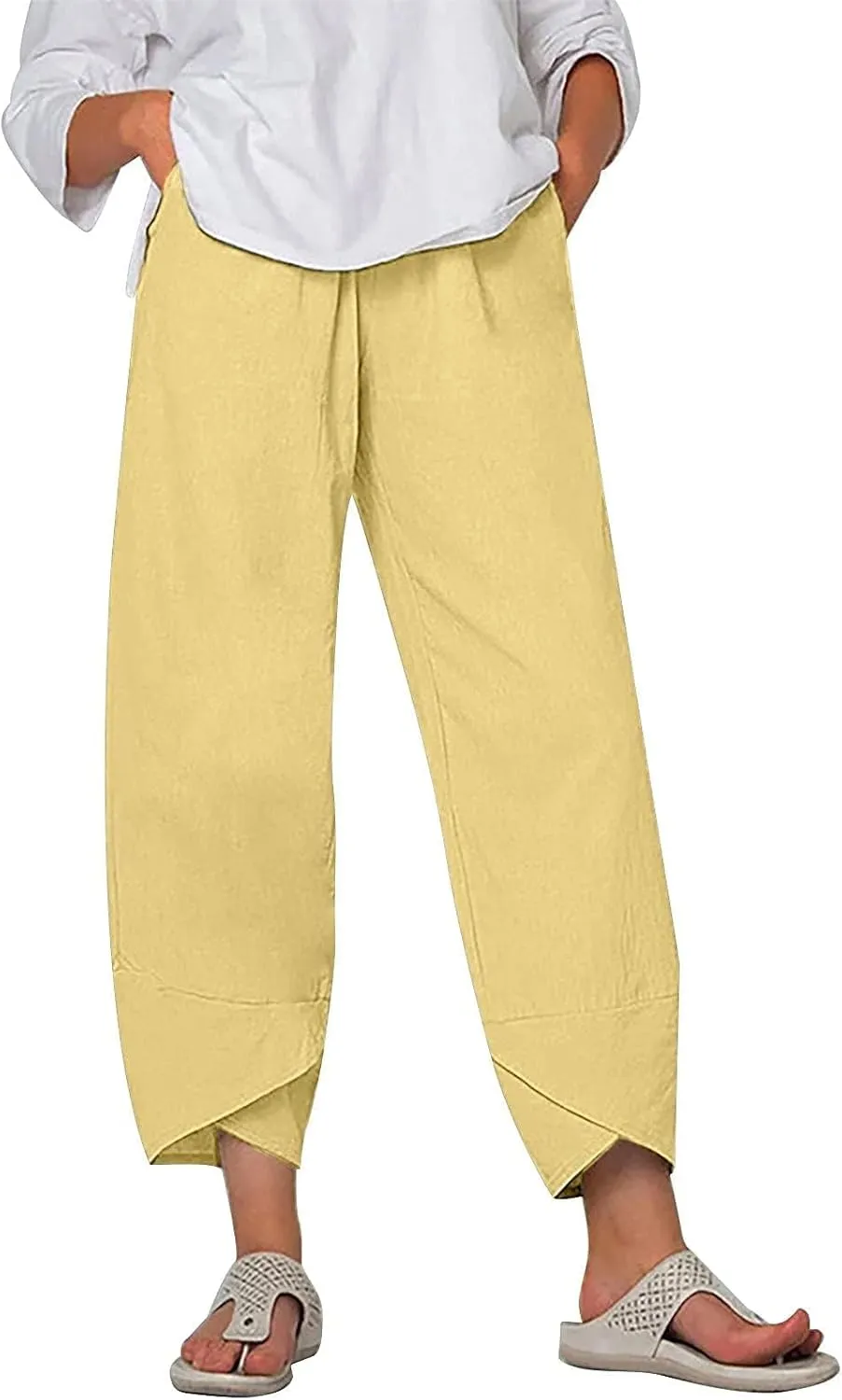 Linen Pants for Women Summer Casual Capri Pants with Pockets Baggy Comfy Wide Leg Trousers Lounge Palazzo Pants