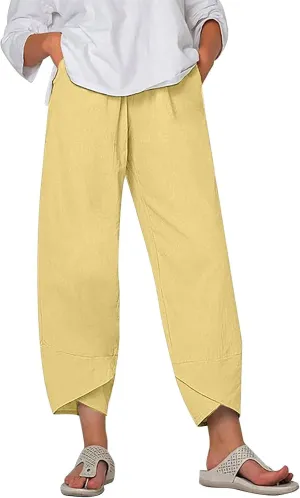 Linen Pants for Women Summer Casual Capri Pants with Pockets Baggy Comfy Wide Leg Trousers Lounge Palazzo Pants