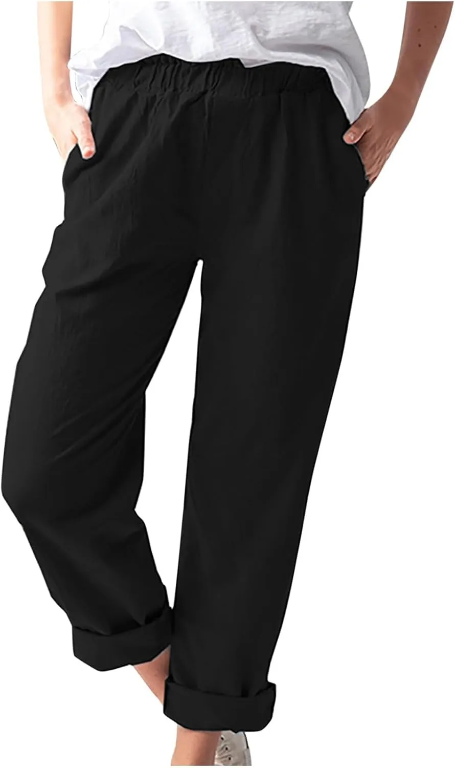 Linen Pants for Women Trendy 2024 Casual Summer Lightweight Straight Leg Pant Elastic High Waist Lounge Trousers