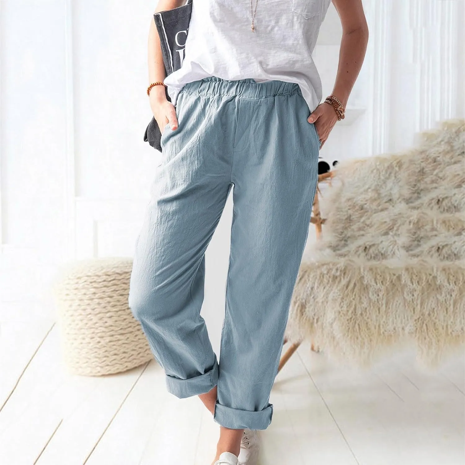 Linen Pants for Women Trendy 2024 Casual Summer Lightweight Straight Leg Pant Elastic High Waist Lounge Trousers