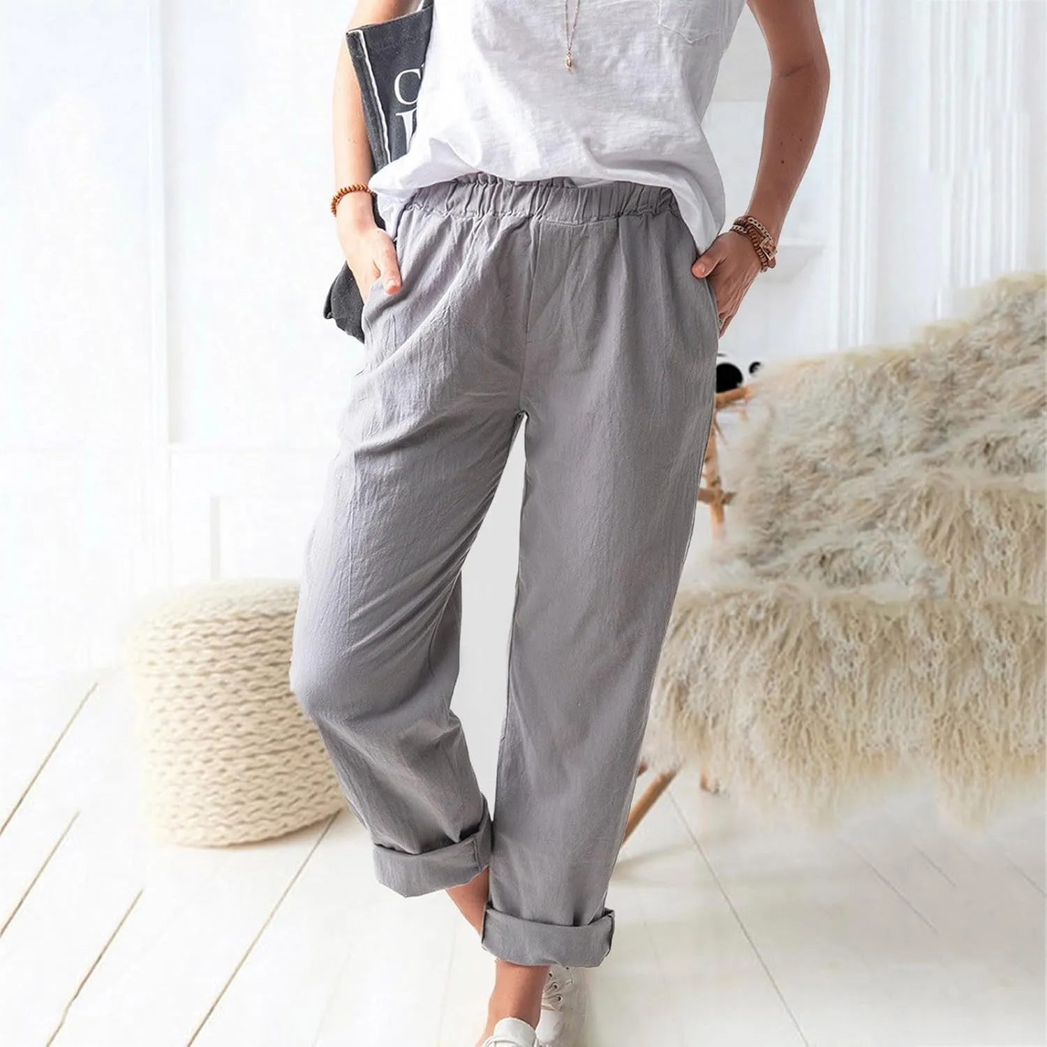 Linen Pants for Women Trendy 2024 Casual Summer Lightweight Straight Leg Pant Elastic High Waist Lounge Trousers