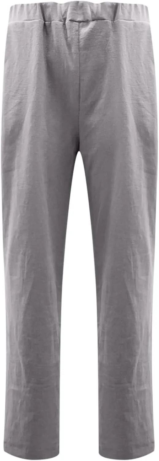 Linen Pants for Women Trendy 2024 Casual Summer Lightweight Straight Leg Pant Elastic High Waist Lounge Trousers