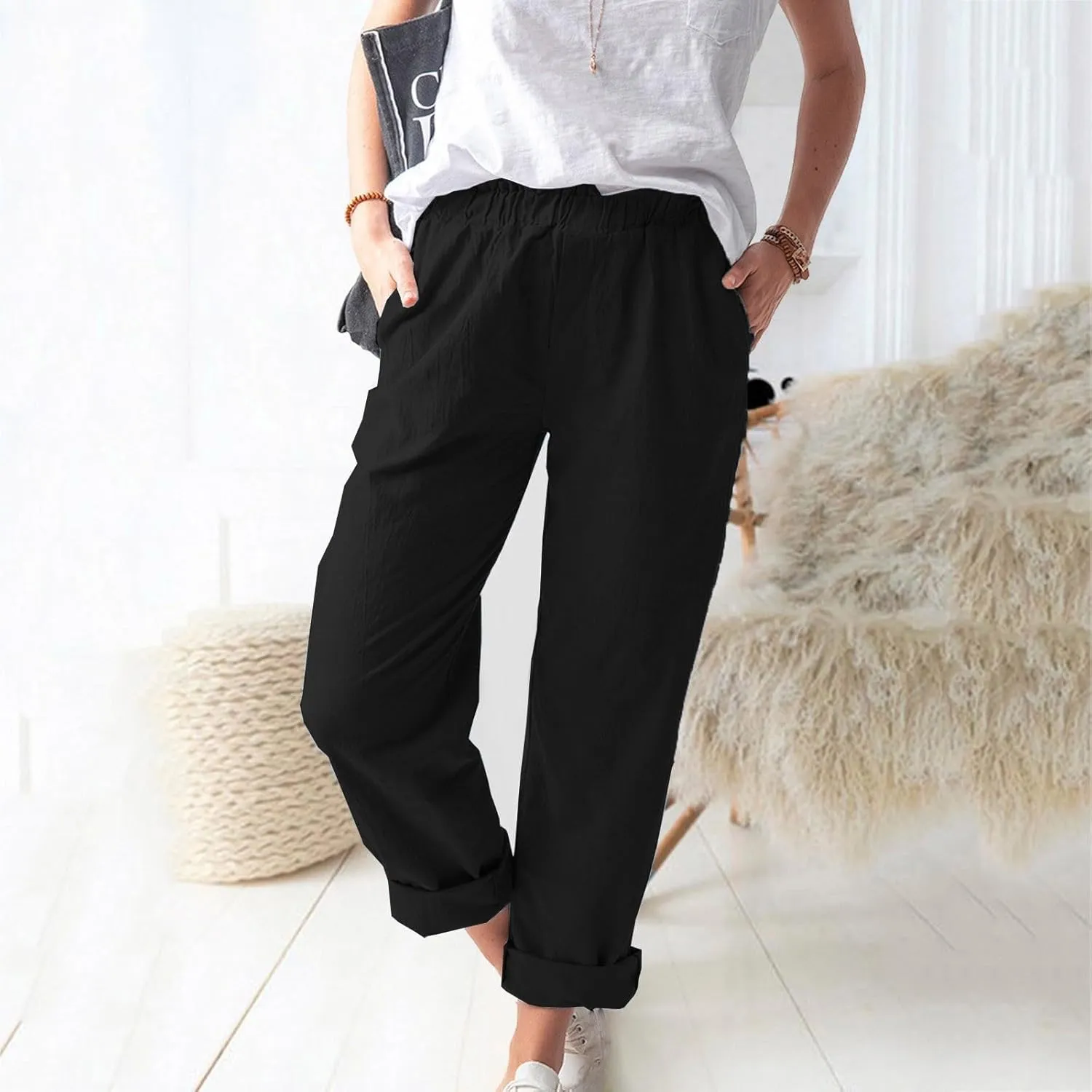 Linen Pants for Women Trendy 2024 Casual Summer Lightweight Straight Leg Pant Elastic High Waist Lounge Trousers