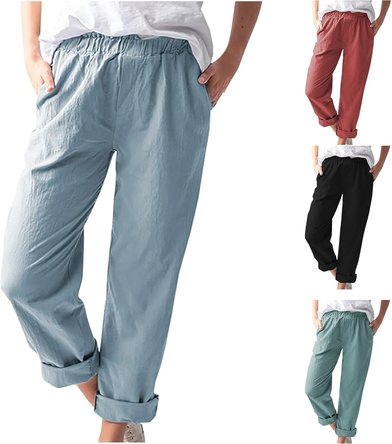 Linen Pants for Women Trendy 2024 Casual Summer Lightweight Straight Leg Pant Elastic High Waist Lounge Trousers
