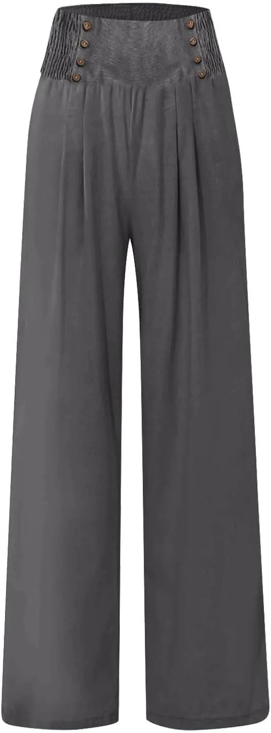 Linen Pants Women Summer High Waisted Cotton Linen Palazzo Pants Wide Leg Long Lounge Pants Work Trousers with Pocket