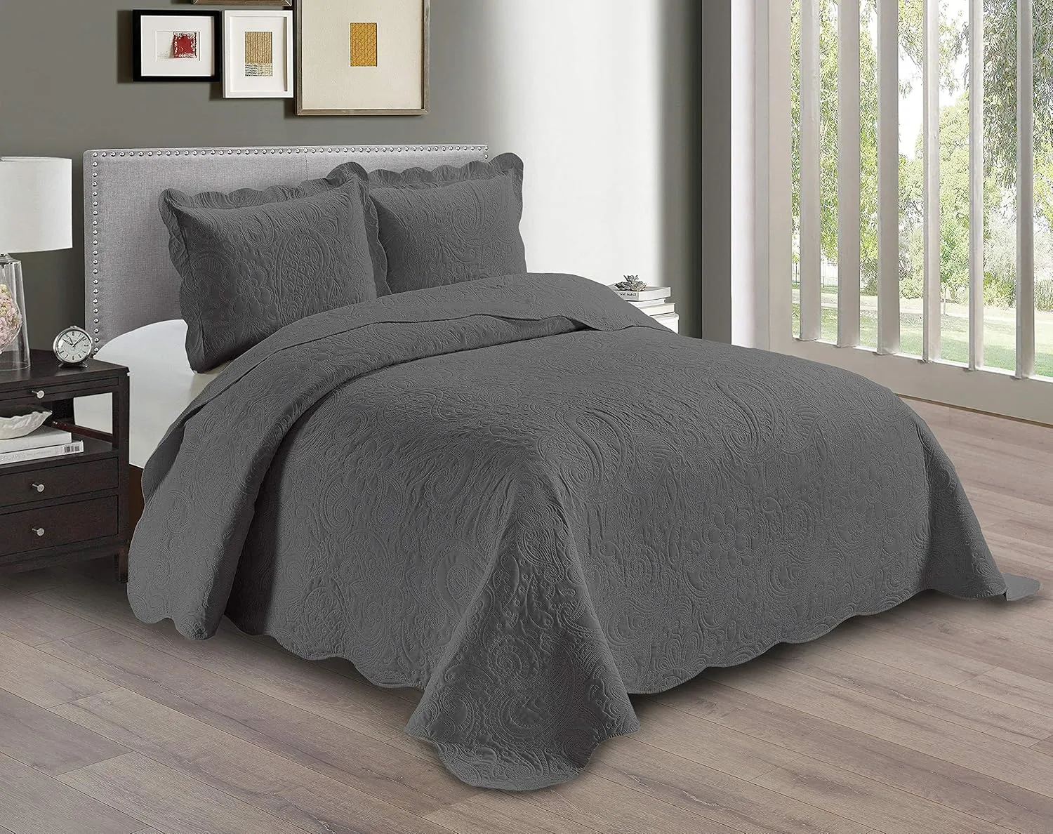 Linen Plus Embossed Coverlet Bedspread Set Oversized Solid Charcoal King/California King Bed Cover Bedding New # Dana