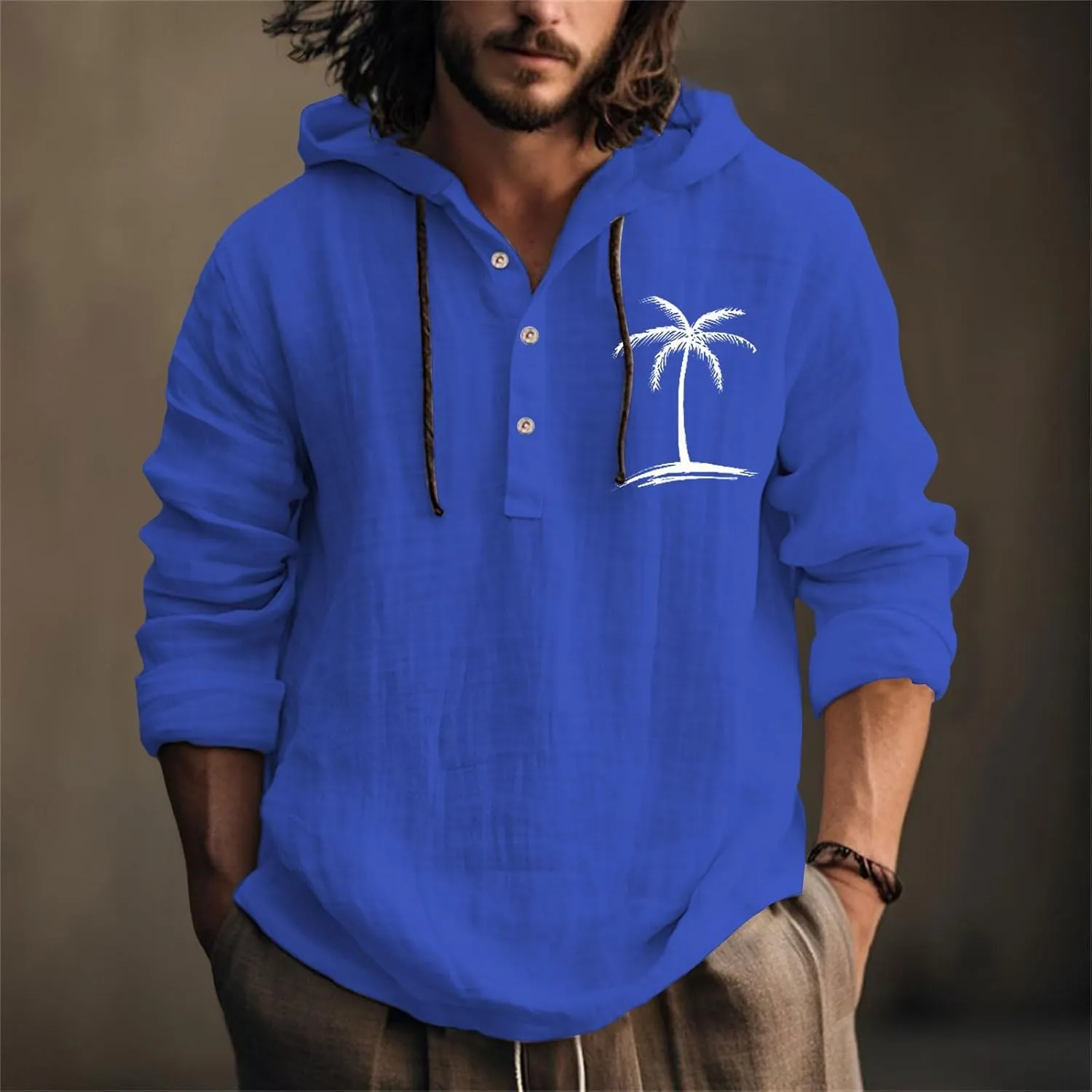 Linen Shirts for Men Casual Summer Palm Tree Print Button Up Shirt Linen Hoodie Beach Long Sleeve Shirt Top with Hood