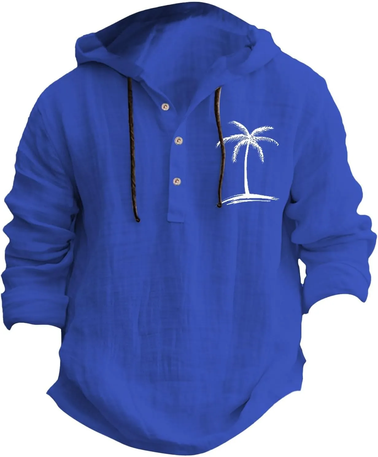Linen Shirts for Men Casual Summer Palm Tree Print Button Up Shirt Linen Hoodie Beach Long Sleeve Shirt Top with Hood