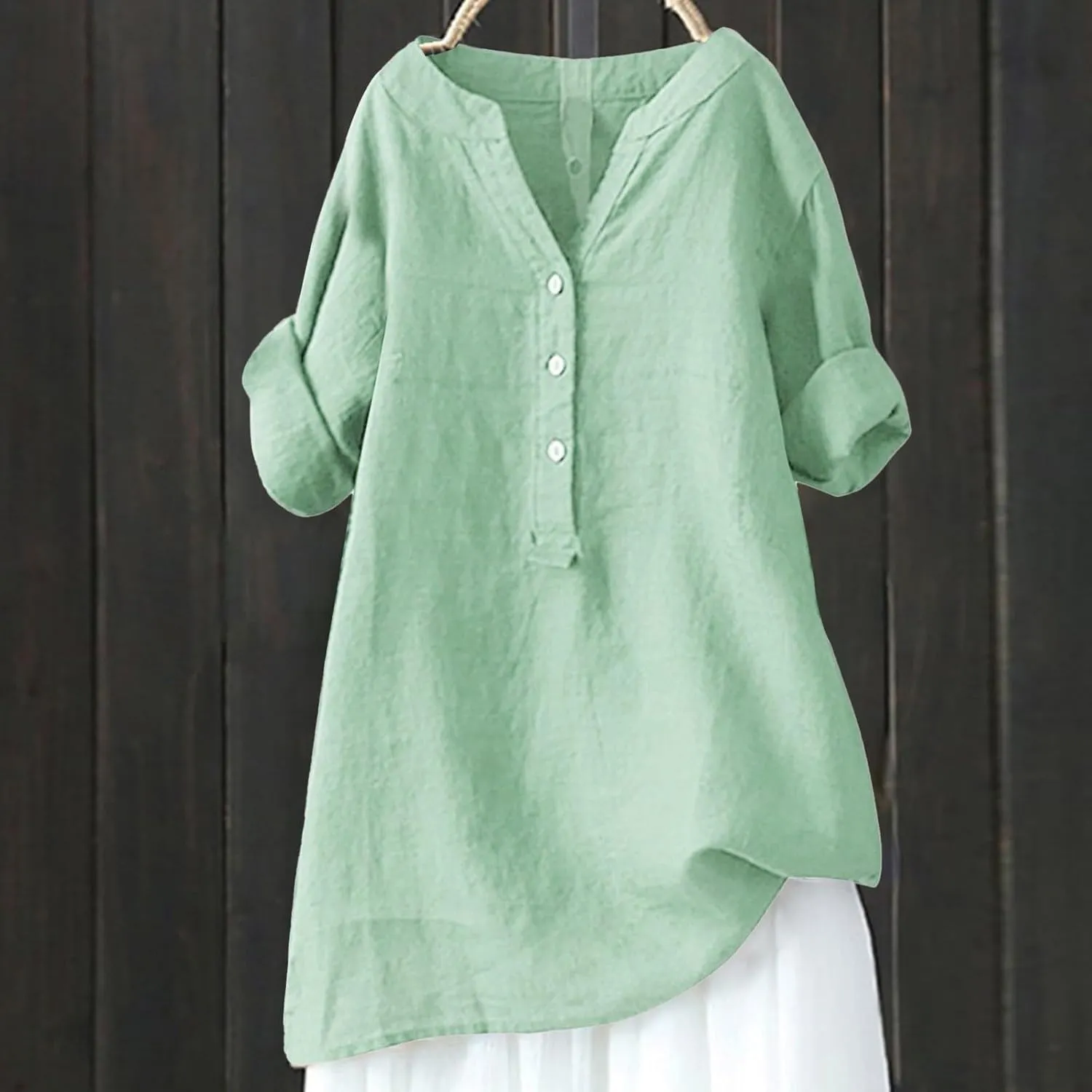Linen Shirts for Women 2025 Summer Trendy 3/4 Sleeve V Neck Bohemian Peasant Blouses Casual Loose Fit Tunic Tops