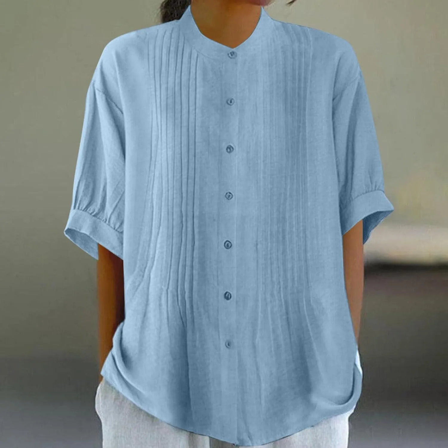 Linen Shirts for Women Casual Half Sleeve High Neck Blouses Casual Cotton Linen Lightweight Summer Boho Tops