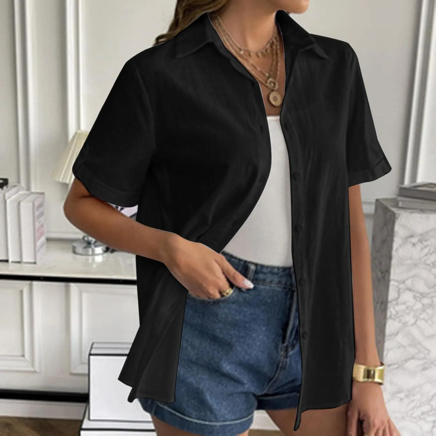 Linen Shirts for Women, Linen Button Down Shirt Women Short Sleeve Summer Trendy Tops Work Beach Collared Blouses