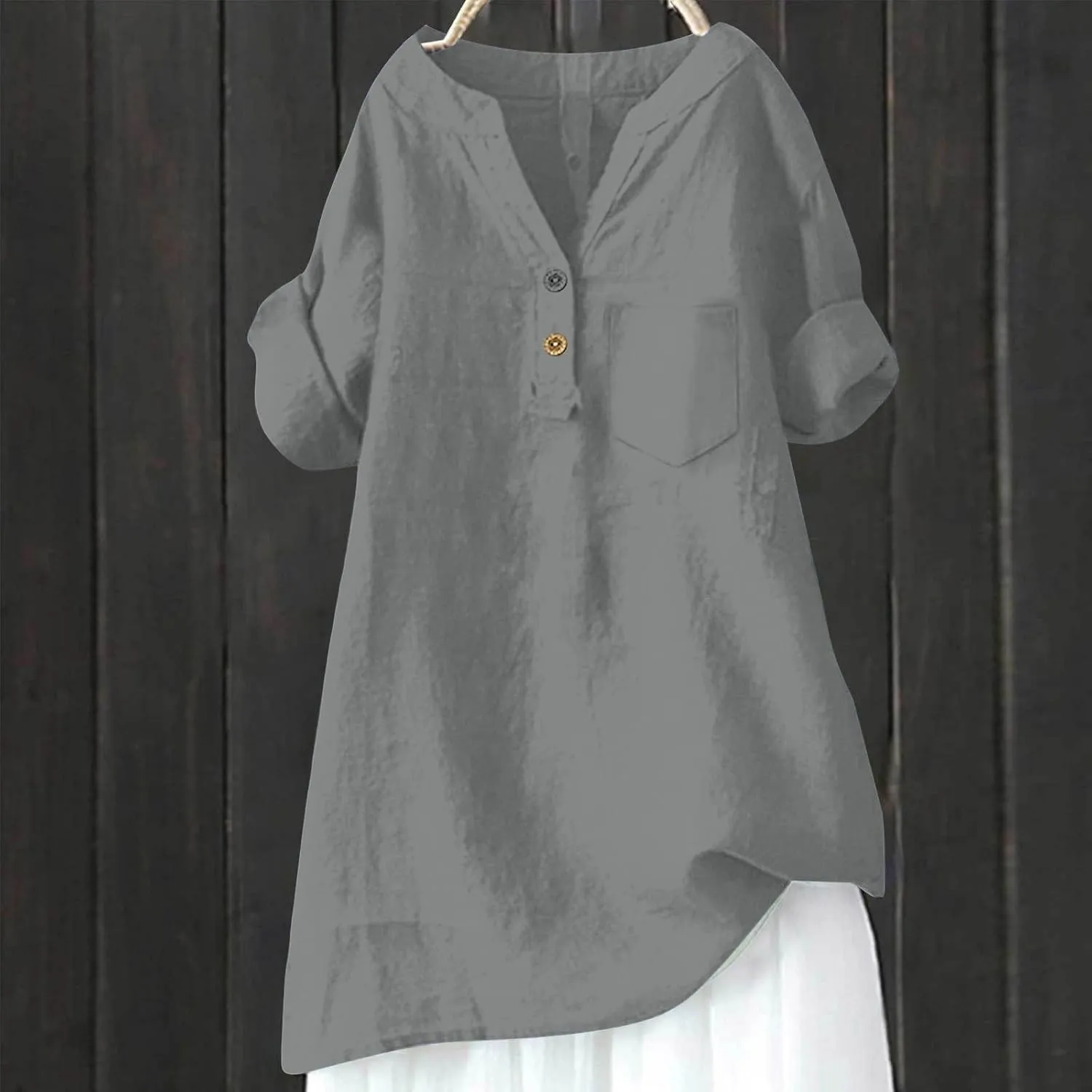 Linen Shirts for Women Plus Size Summer Loose Fit Button Down Shirts Roll Up Sleeve Tops Cotton Linen Work Blouses