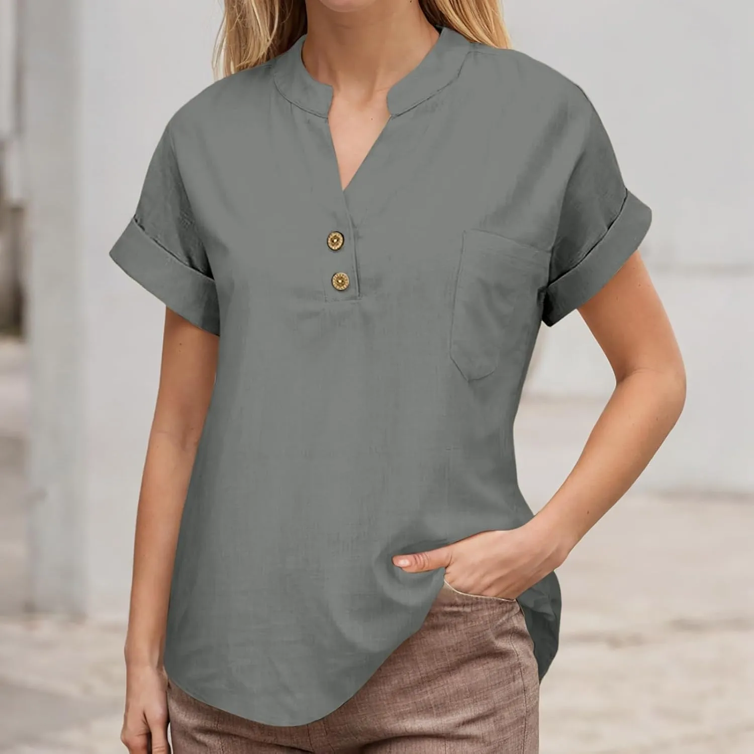 Linen Shirts for Women Plus Size Summer Loose Fit Button Down Shirts Roll Up Sleeve Tops Cotton Linen Work Blouses