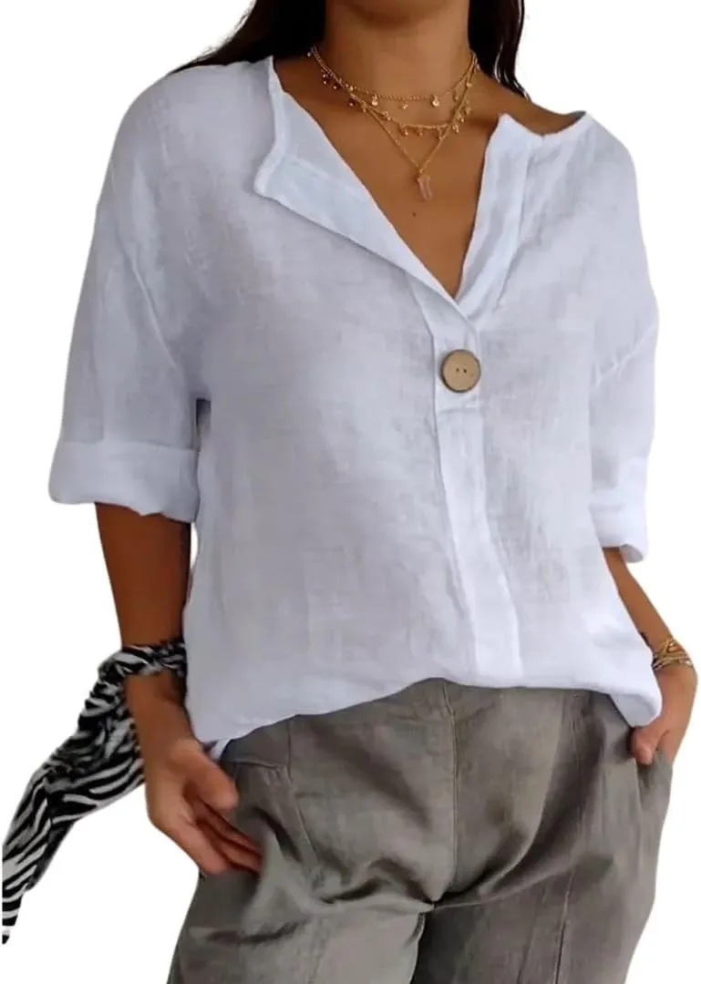 Linen Shirts for Women Summer Cotton Linen V Neck 3/4 Sleeve Tops Loose Vacation Beach Solid Blouses Tunic Tops
