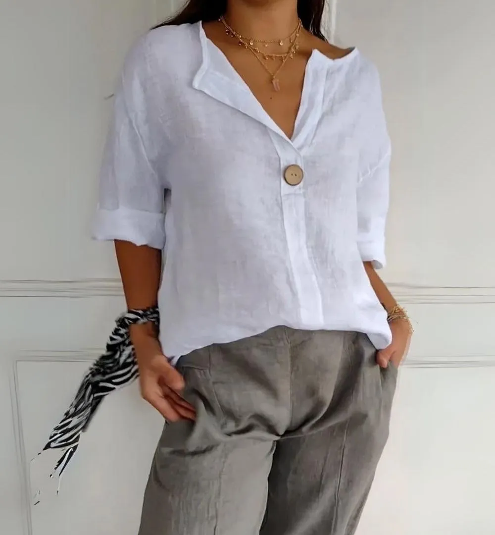 Linen Shirts for Women Summer Cotton Linen V Neck 3/4 Sleeve Tops Loose Vacation Beach Solid Blouses Tunic Tops