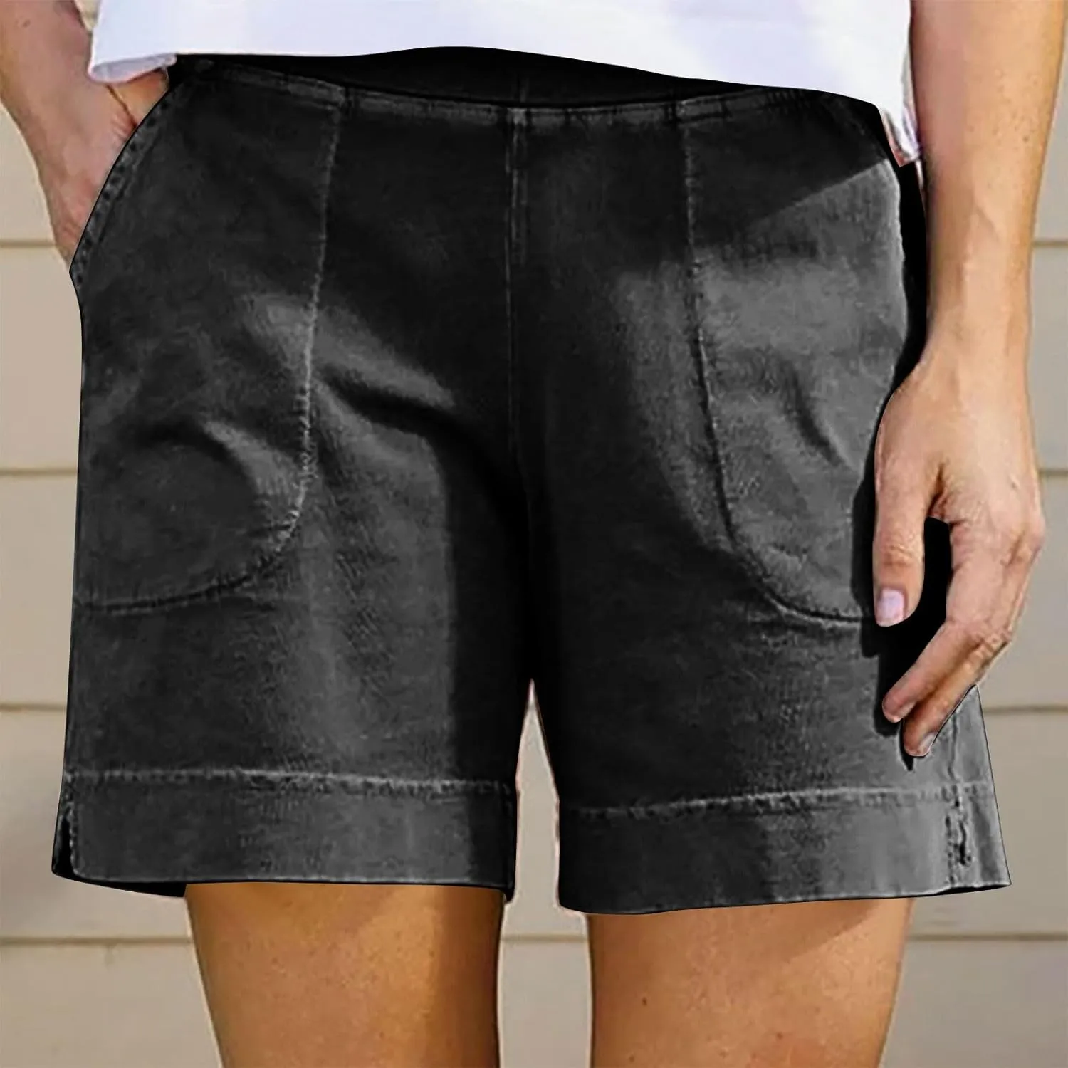 Linen Shorts for Women 2025 High Waisted Elastic Straight Casual Shorts Summer Outdoor Pants with Pockets