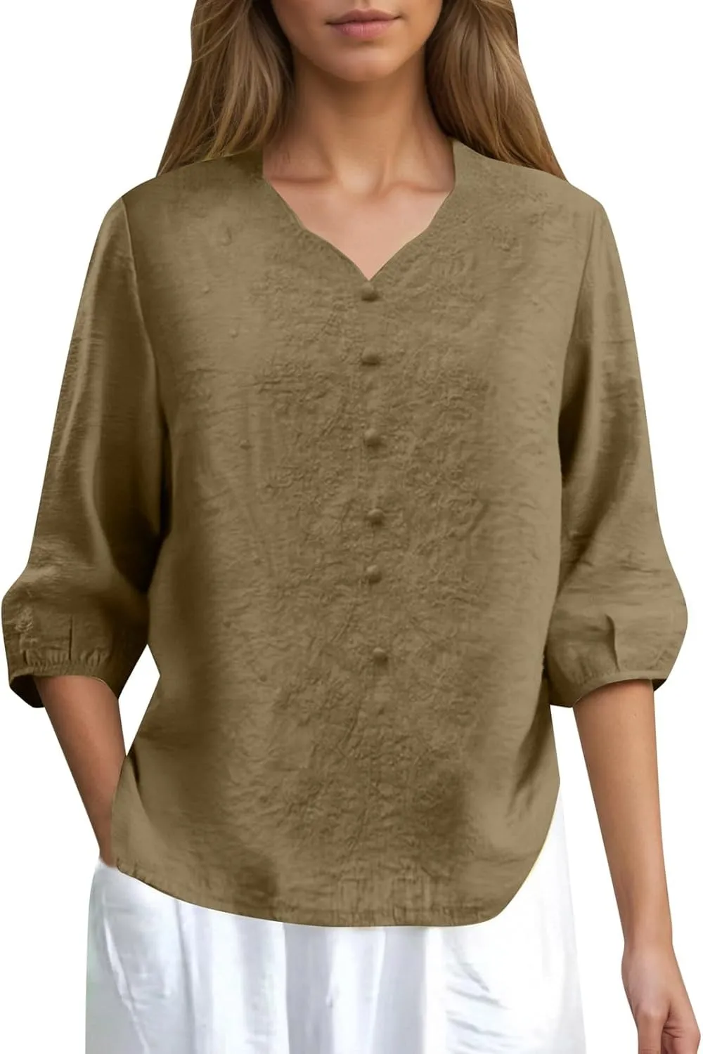 Linen Tops for Women 2025 Summer Rolled Cuffed Short Sleeve Blouse Ladies Casual V Neck Shirts Beach Cotton Tops
