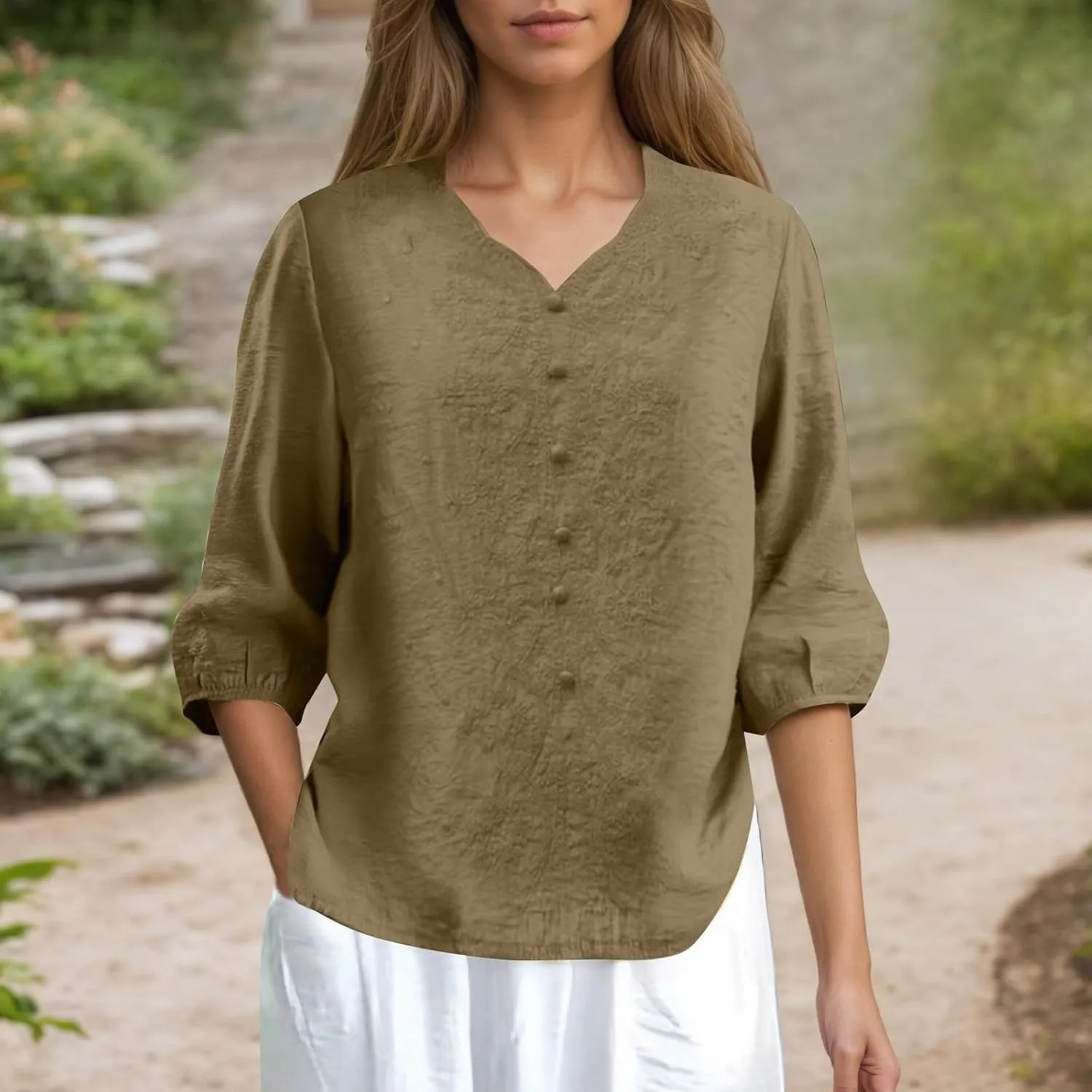 Linen Tops for Women 2025 Summer Rolled Cuffed Short Sleeve Blouse Ladies Casual V Neck Shirts Beach Cotton Tops