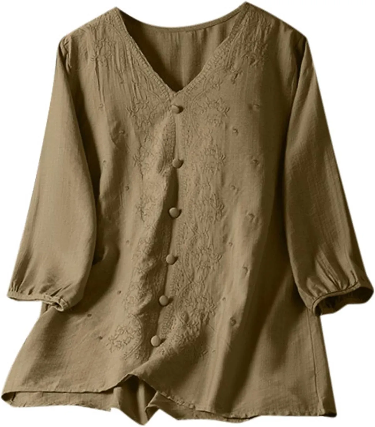 Linen Tops for Women 2025 Summer Rolled Cuffed Short Sleeve Blouse Ladies Casual V Neck Shirts Beach Cotton Tops