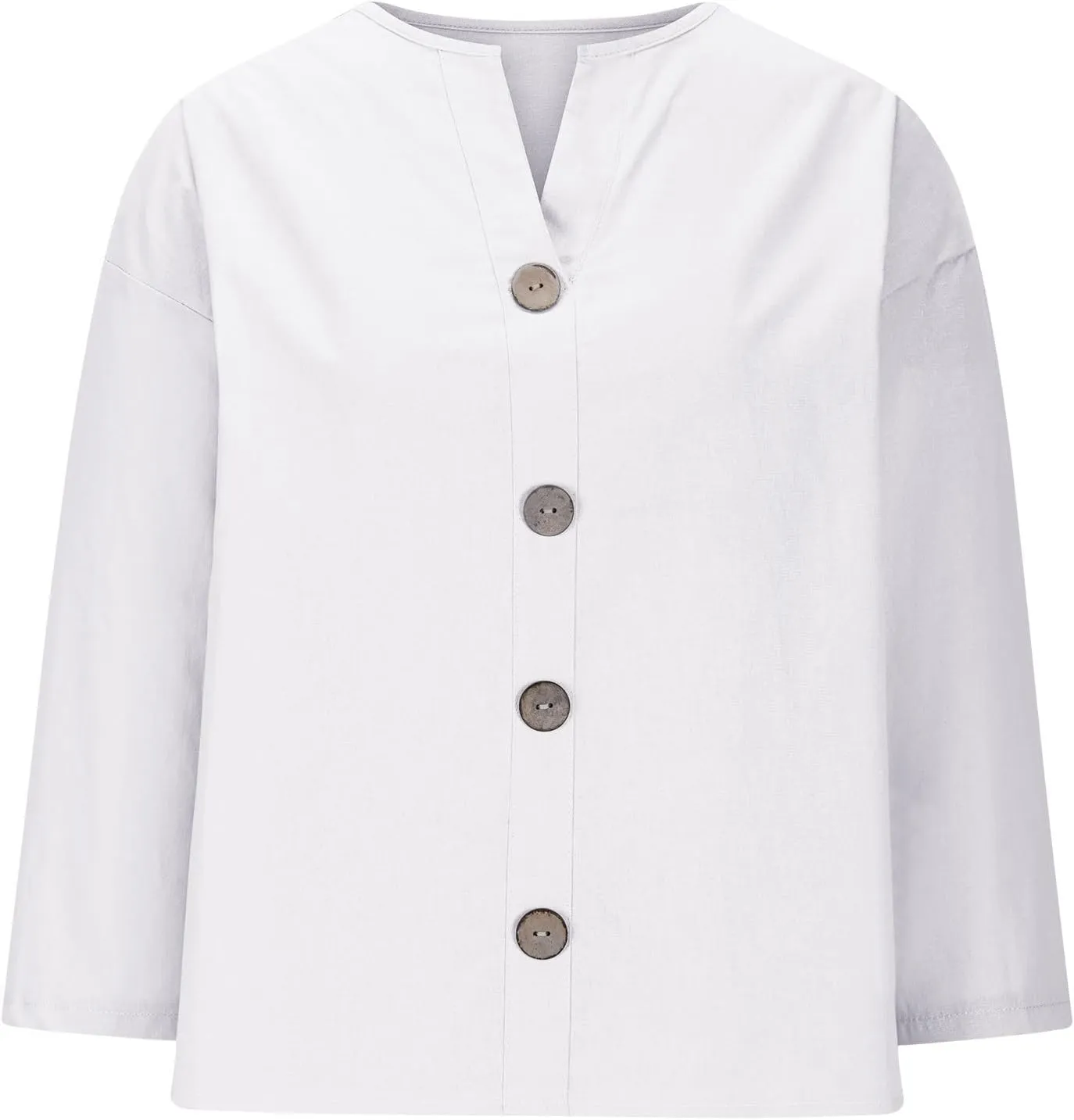 Linen Tops for Women Summer V Neck 3/4 Length Sleeve Womens Tops with Button Roll-Up Sleeve Casual Loose Fit Blouses
