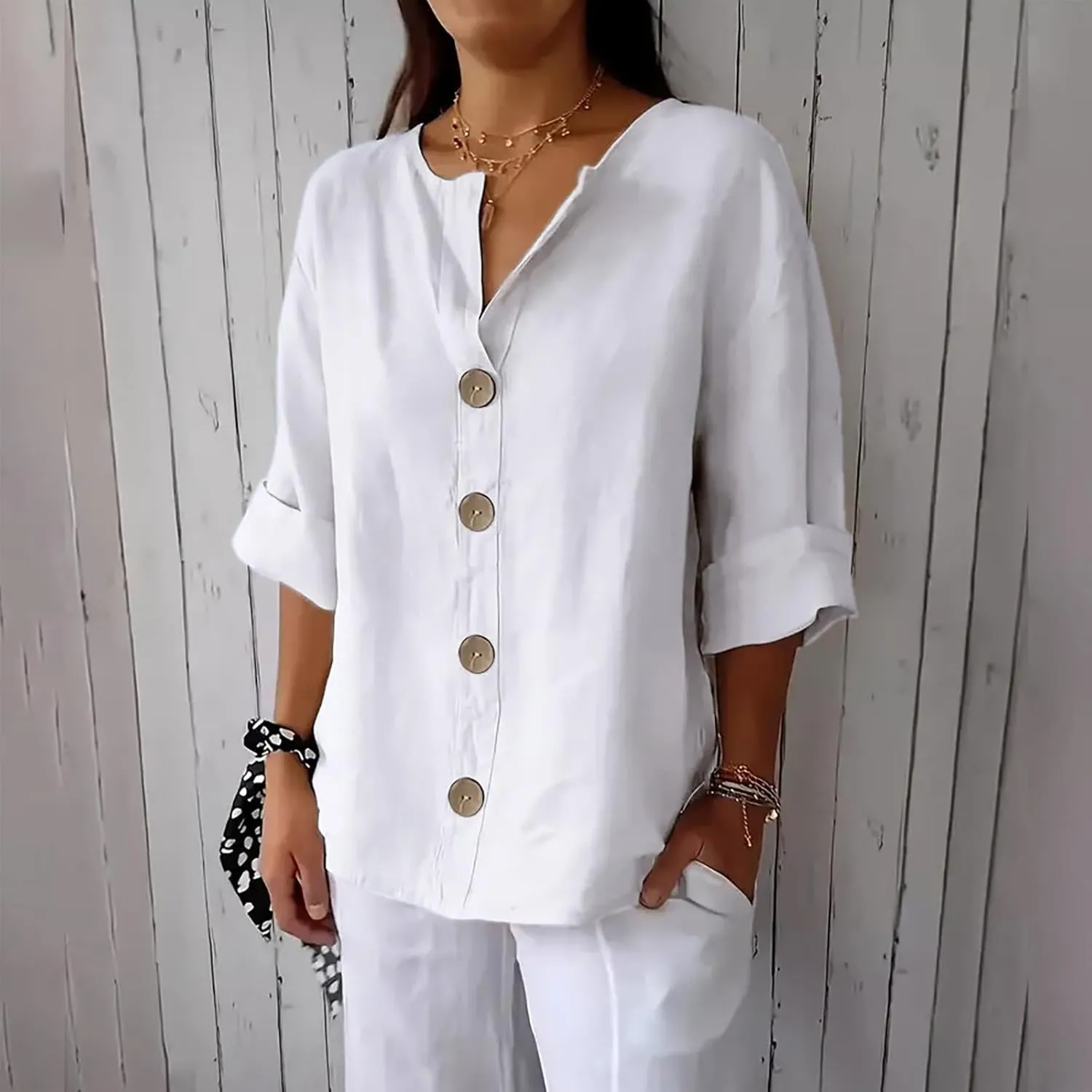 Linen Tops for Women Summer V Neck 3/4 Length Sleeve Womens Tops with Button Roll-Up Sleeve Casual Loose Fit Blouses