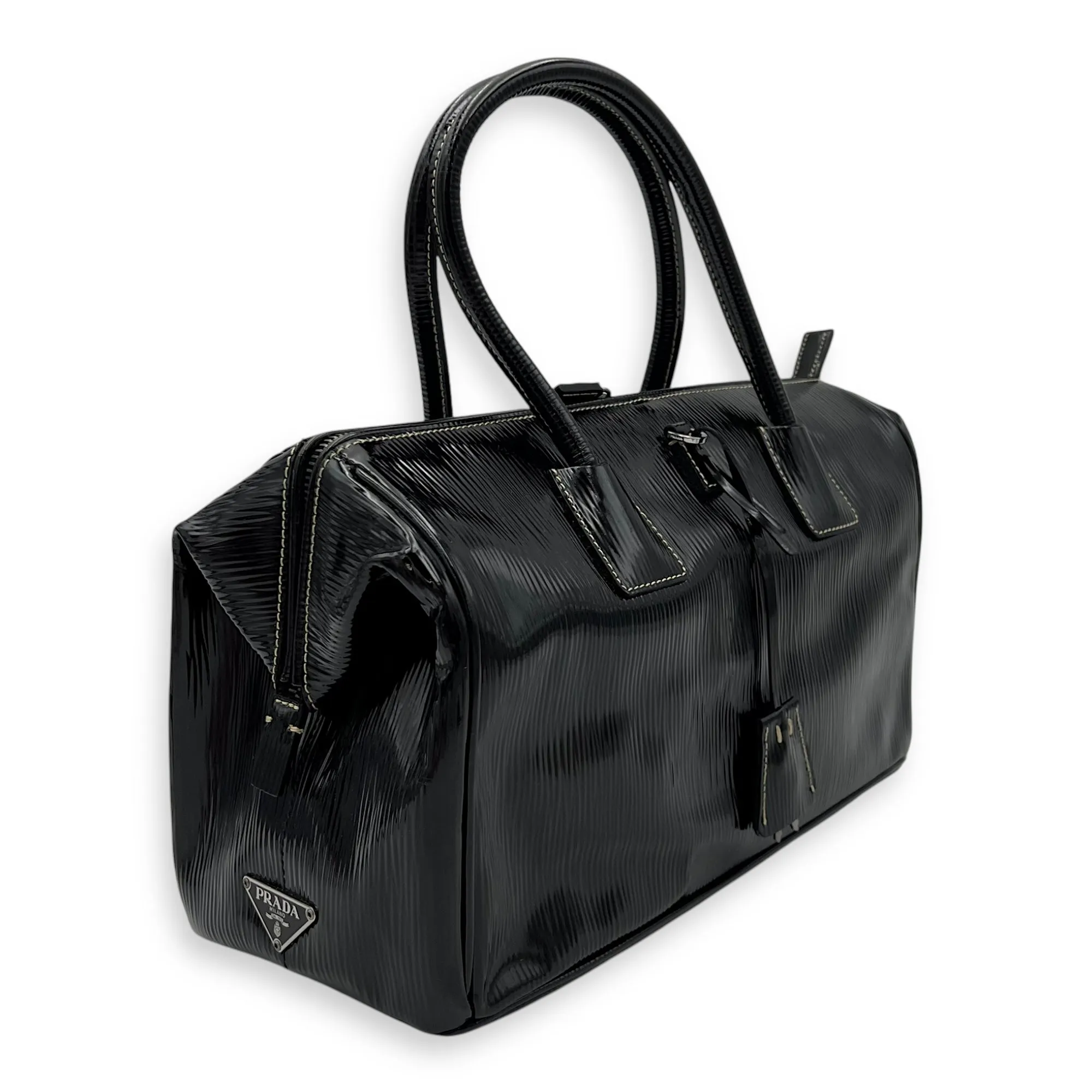 Logo Plaque Shopper Top handle bag in Patent leather, Silver Hardware