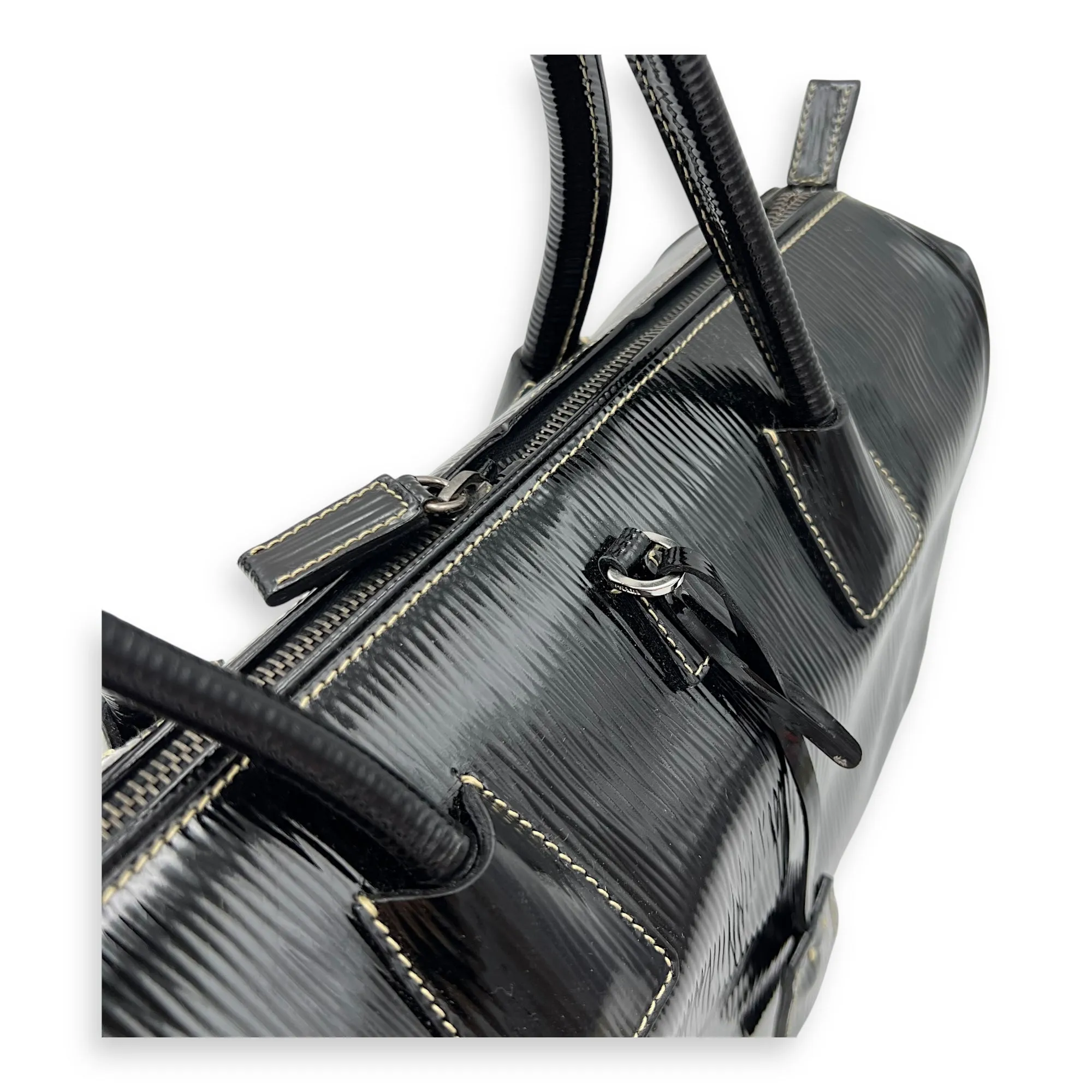 Logo Plaque Shopper Top handle bag in Patent leather, Silver Hardware