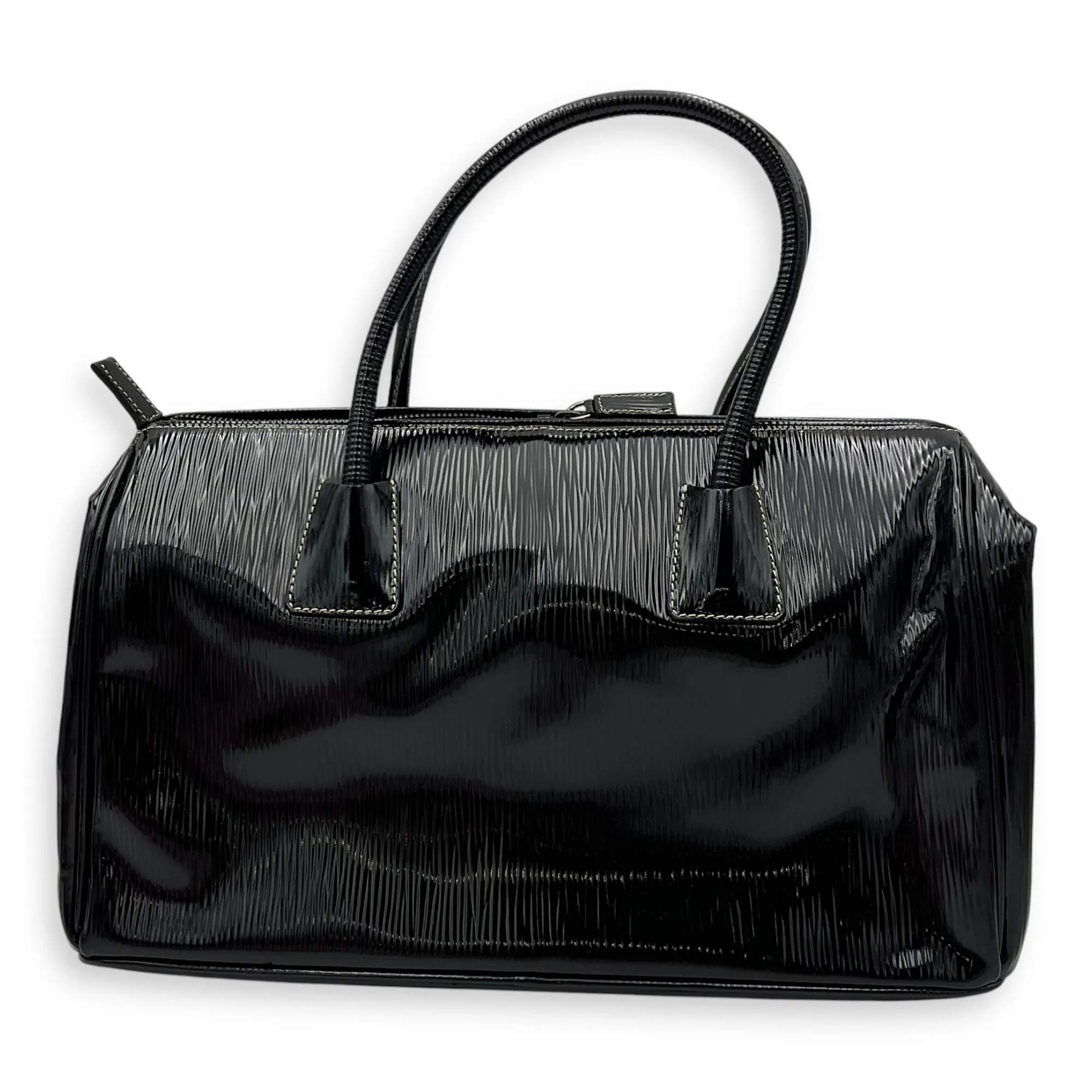 Logo Plaque Shopper Top handle bag in Patent leather, Silver Hardware