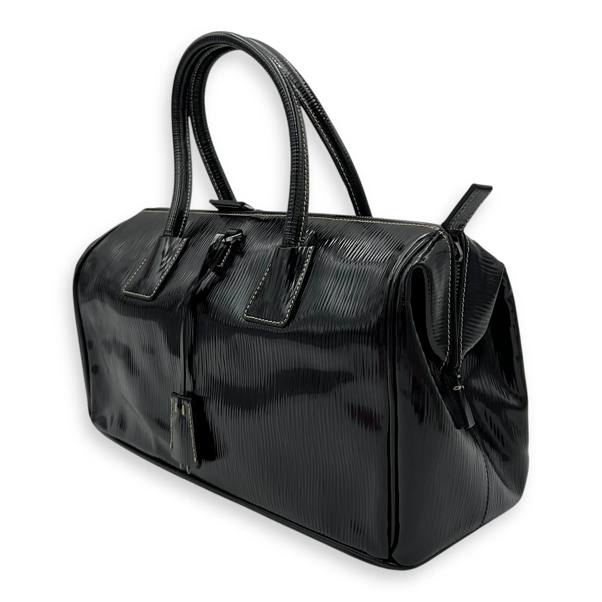 Logo Plaque Shopper Top handle bag in Patent leather, Silver Hardware
