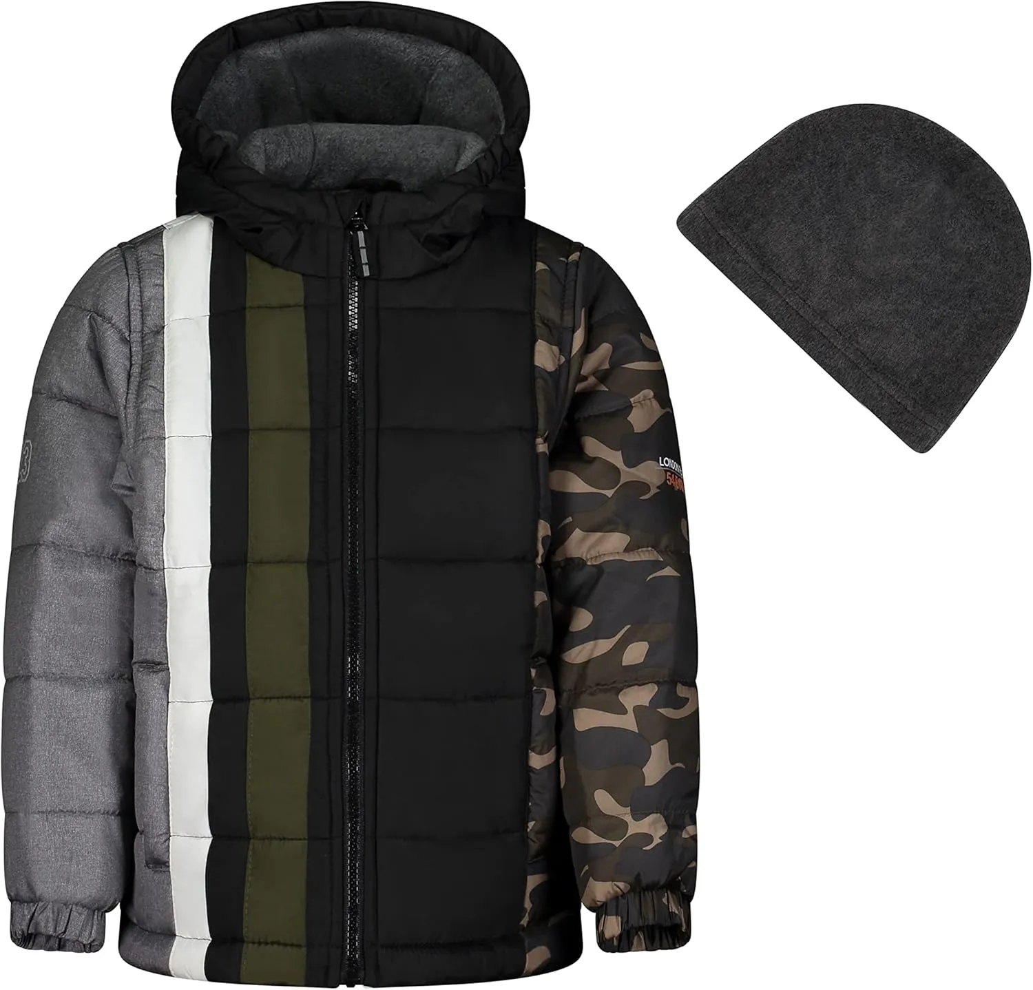 LONDON FOG Boys' Little Color Blocked Puffer Jacket Coat with Hat