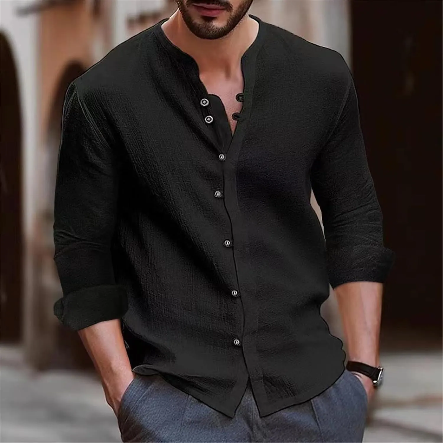 Long Sleeve Cotton Linen Shirt for Men Lightweight Breathable Casual Travel Tops Muscle Fit Combat Fashion Button Down Shirts
