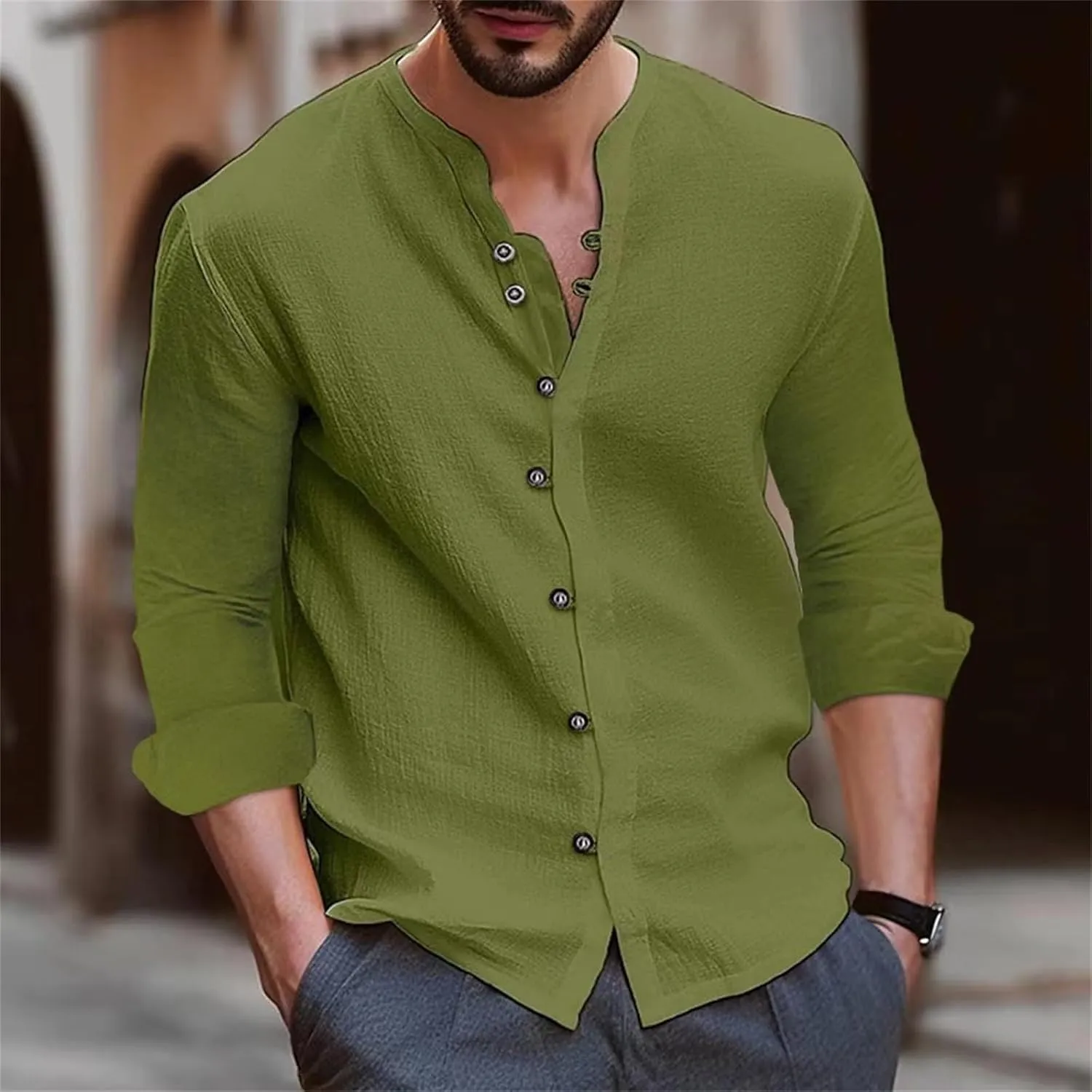 Long Sleeve Cotton Linen Shirt for Men Lightweight Breathable Casual Travel Tops Muscle Fit Combat Fashion Button Down Shirts