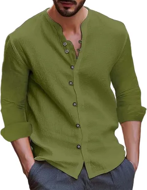 Long Sleeve Cotton Linen Shirt for Men Lightweight Breathable Casual Travel Tops Muscle Fit Combat Fashion Button Down Shirts