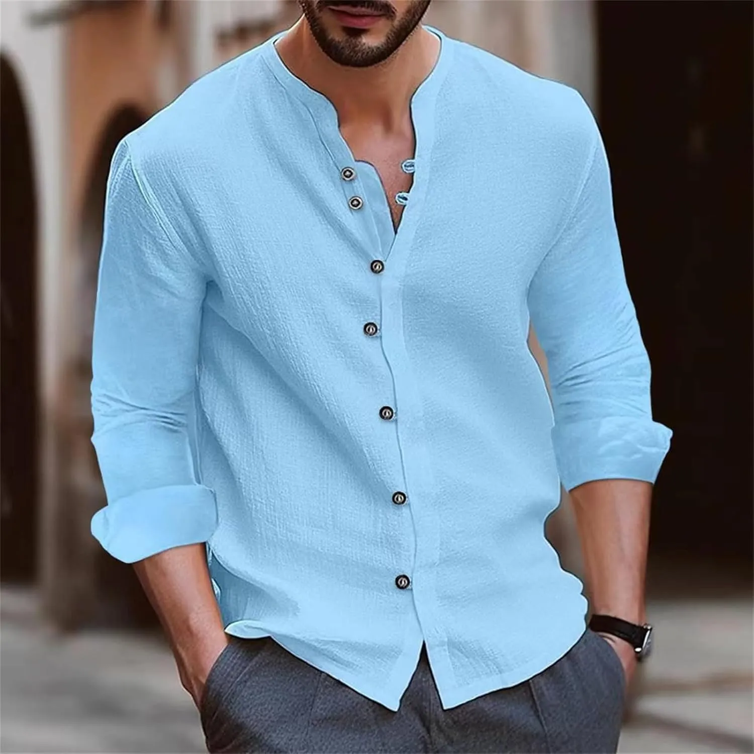 Long Sleeve Cotton Linen Shirt for Men Lightweight Breathable Casual Travel Tops Muscle Fit Combat Fashion Button Down Shirts