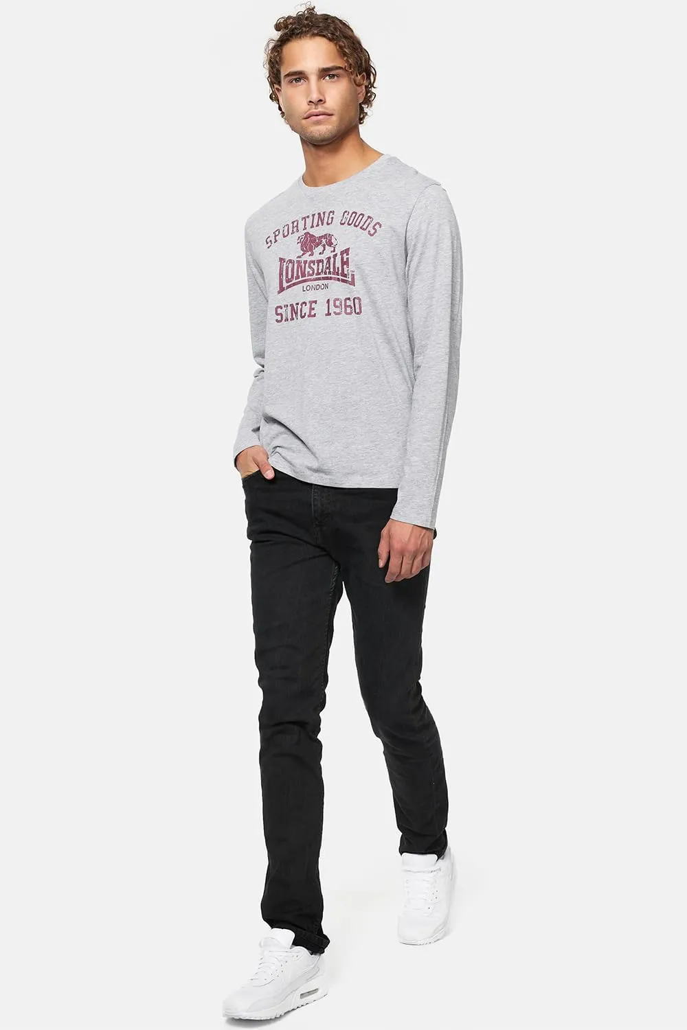 Lonsdale Classic Men's Grey Long-Sleeve T-Shirt Lion Logo Crew-Neck Regular-Fit