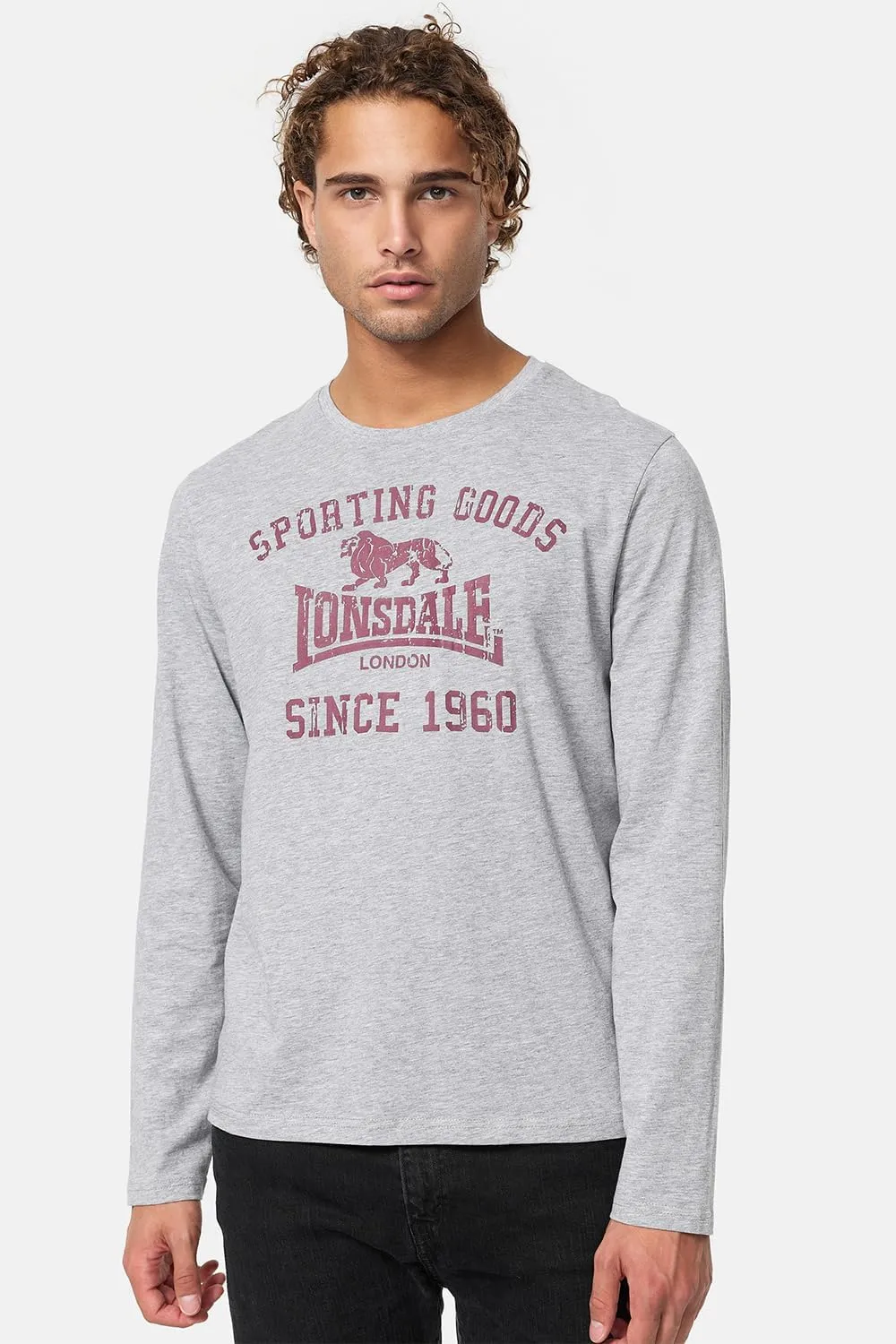 Lonsdale Classic Men's Grey Long-Sleeve T-Shirt Lion Logo Crew-Neck Regular-Fit