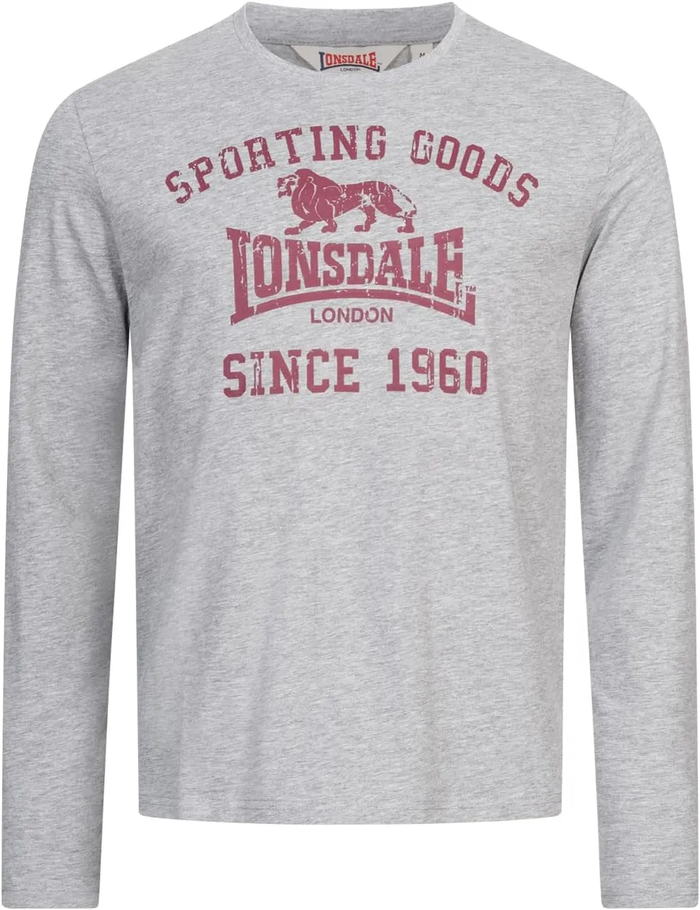 Lonsdale Classic Men's Grey Long-Sleeve T-Shirt Lion Logo Crew-Neck Regular-Fit