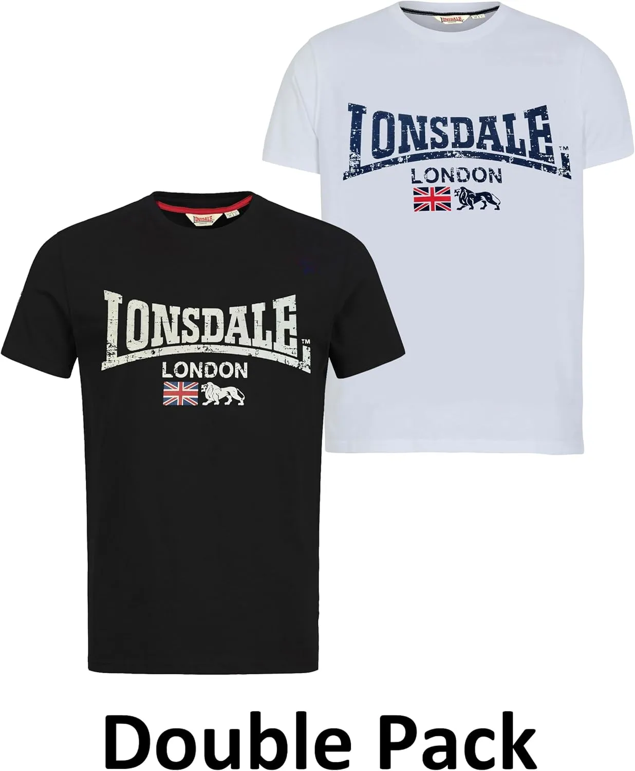 Lonsdale Mens Twin Pack Black & White T-Shirt with Lion and Union Jack Logo Pack of 2