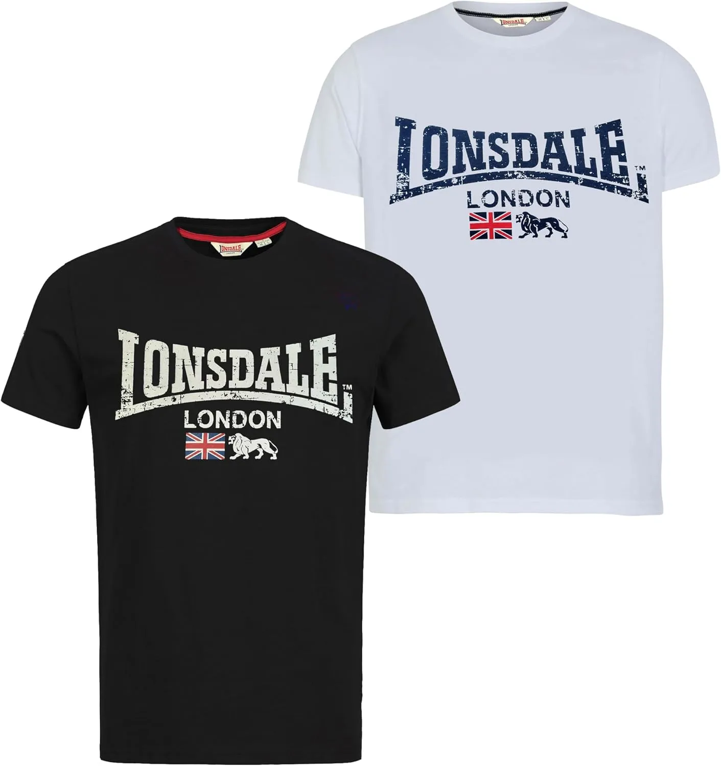 Lonsdale Mens Twin Pack Black & White T-Shirt with Lion and Union Jack Logo Pack of 2
