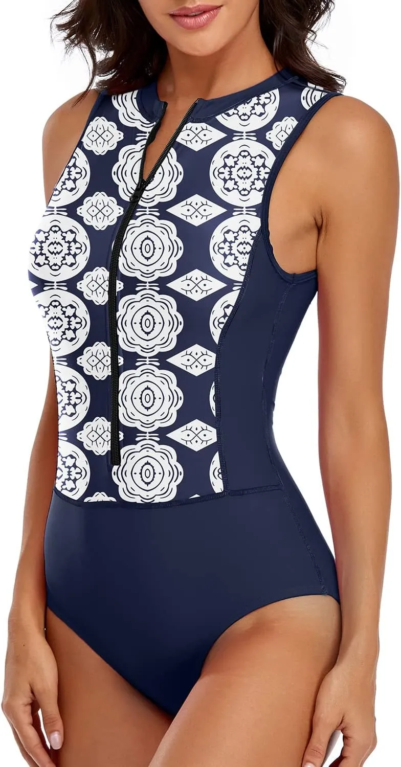 LVZIJUN Women One Piece Rash Guard High Neck Sleeveless Zipper UPF 50 Surfing Swimsuit