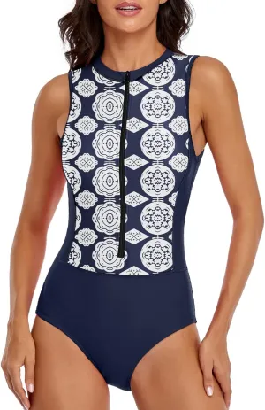 LVZIJUN Women One Piece Rash Guard High Neck Sleeveless Zipper UPF 50 Surfing Swimsuit