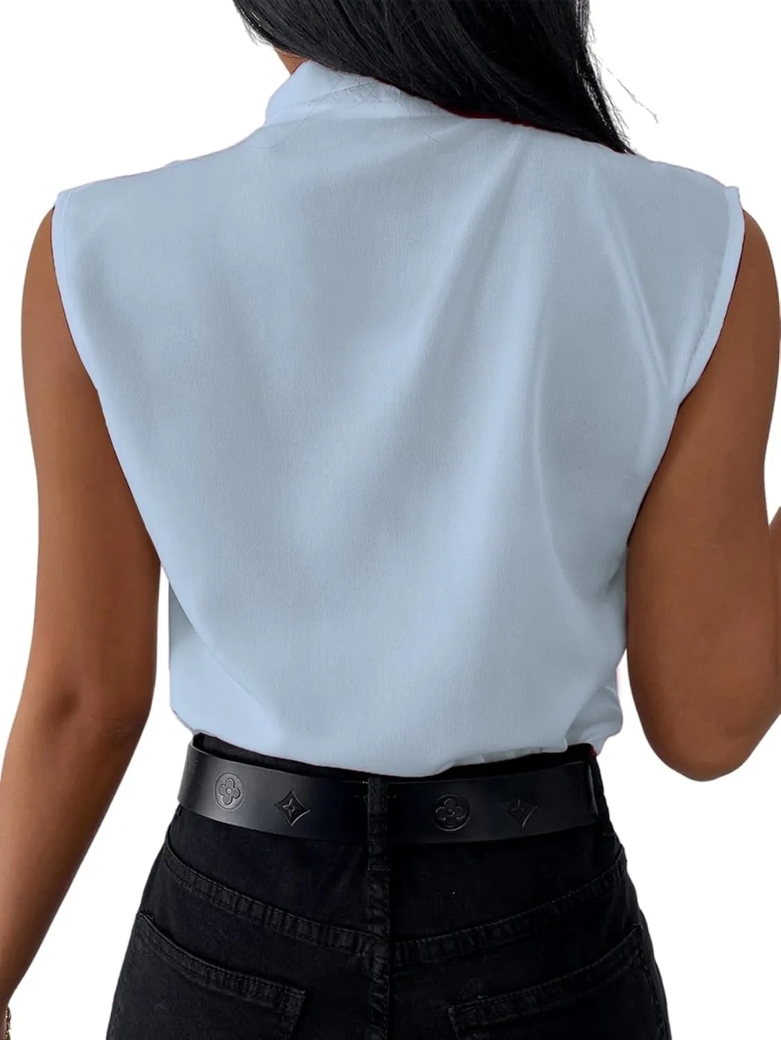 LYANER Women's Elegant V Neck Pleated Sleeveless Blouse Work Shirt Tank Top Solid Baby Blue X-Large