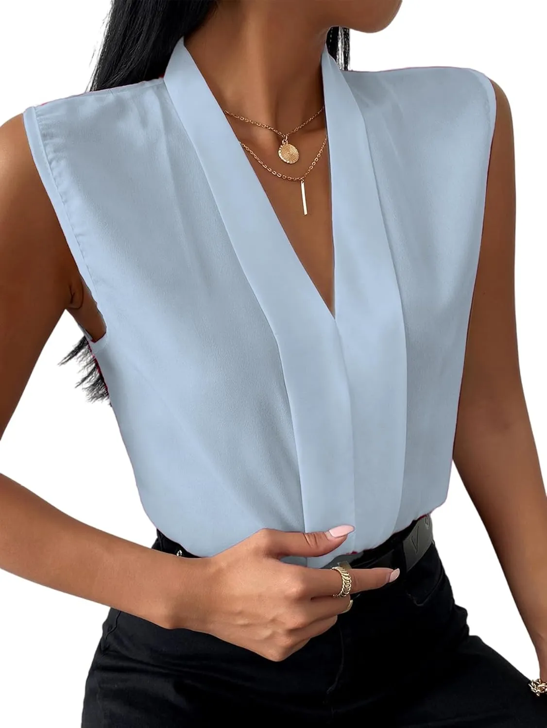LYANER Women's Elegant V Neck Pleated Sleeveless Blouse Work Shirt Tank Top Solid Baby Blue X-Large