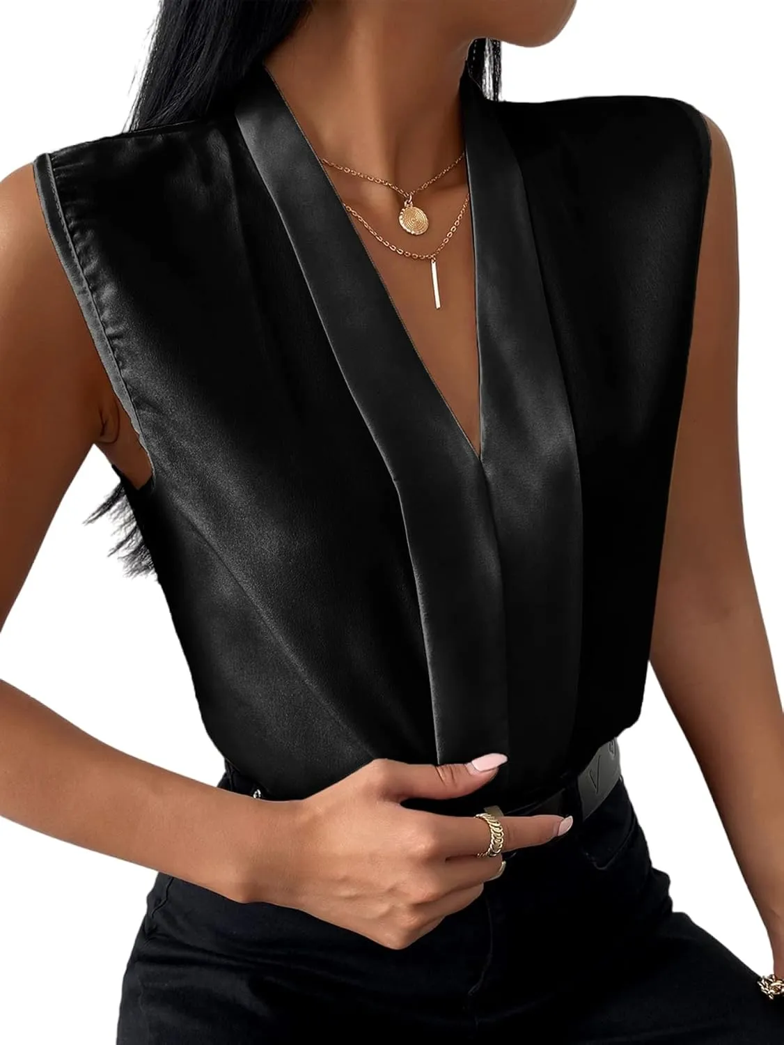 LYANER Women's Elegant V Neck Pleated Sleeveless Blouse Work Shirt Tank Top Solid Baby Blue X-Large