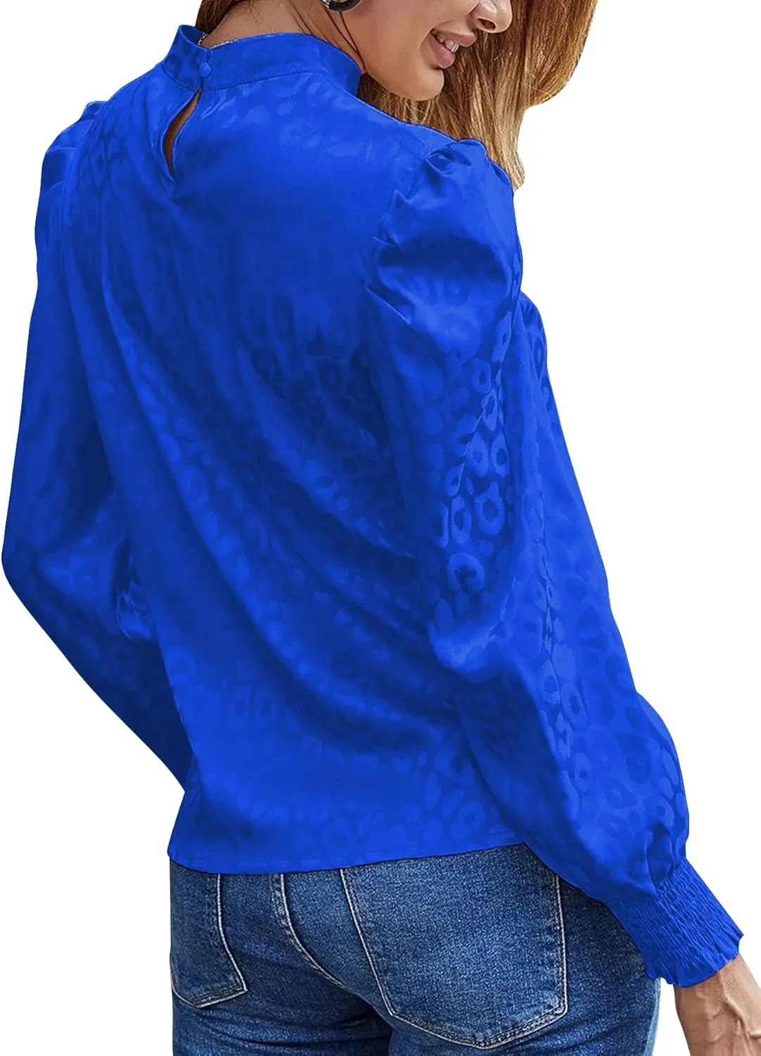 LYANER Women's Satin Mock Neck Puff Long Sleeve Keyhole Work Blouse Top