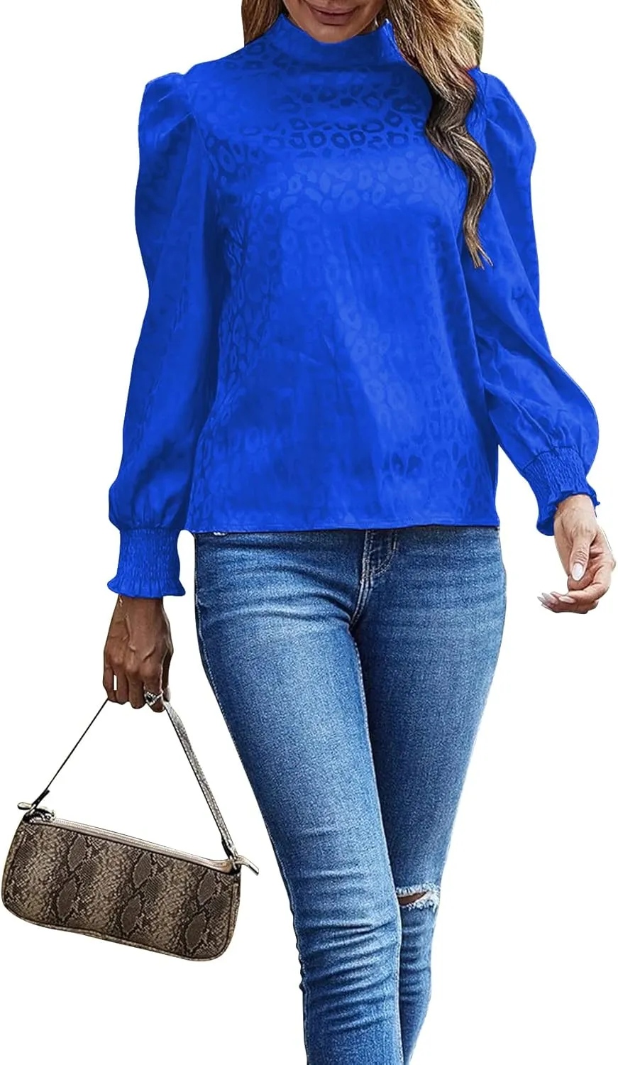 LYANER Women's Satin Mock Neck Puff Long Sleeve Keyhole Work Blouse Top