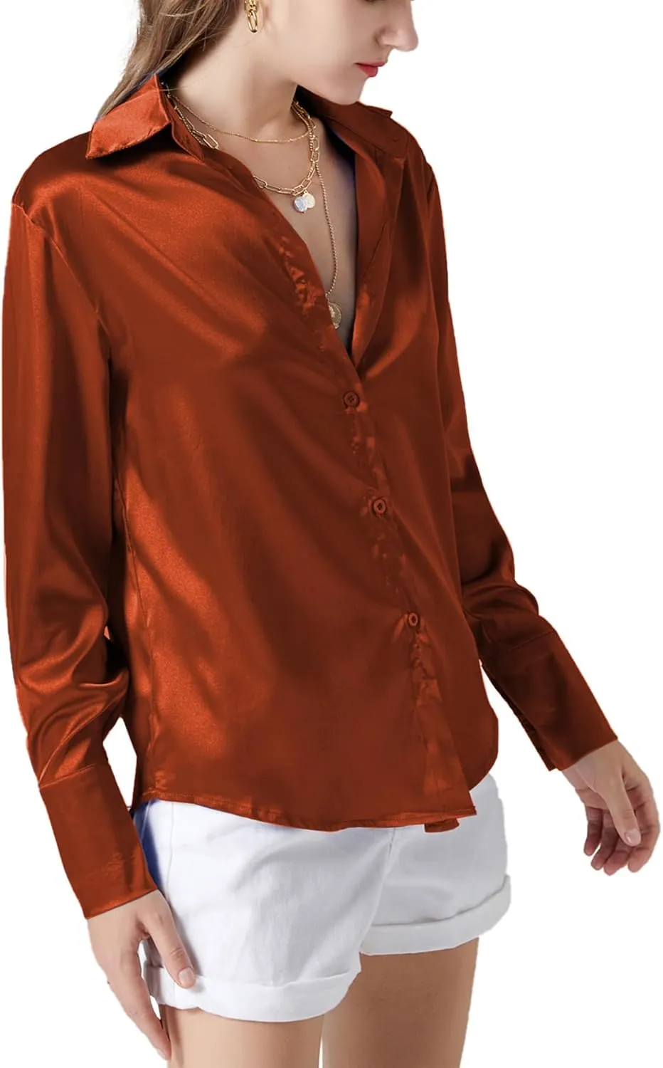 LYANER Women's Satin Silky Collar Buttons Down Long Sleeve Work Blouse Shirt Tops