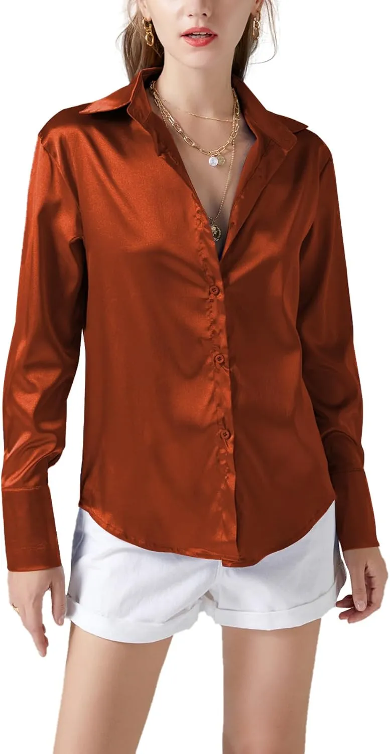 LYANER Women's Satin Silky Collar Buttons Down Long Sleeve Work Blouse Shirt Tops