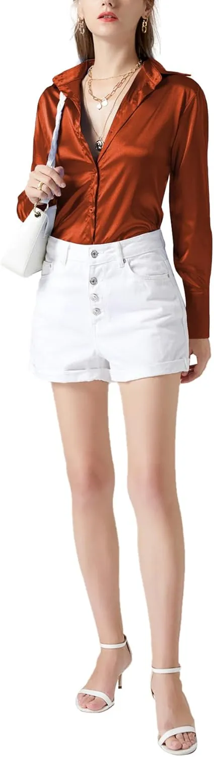 LYANER Women's Satin Silky Collar Buttons Down Long Sleeve Work Blouse Shirt Tops