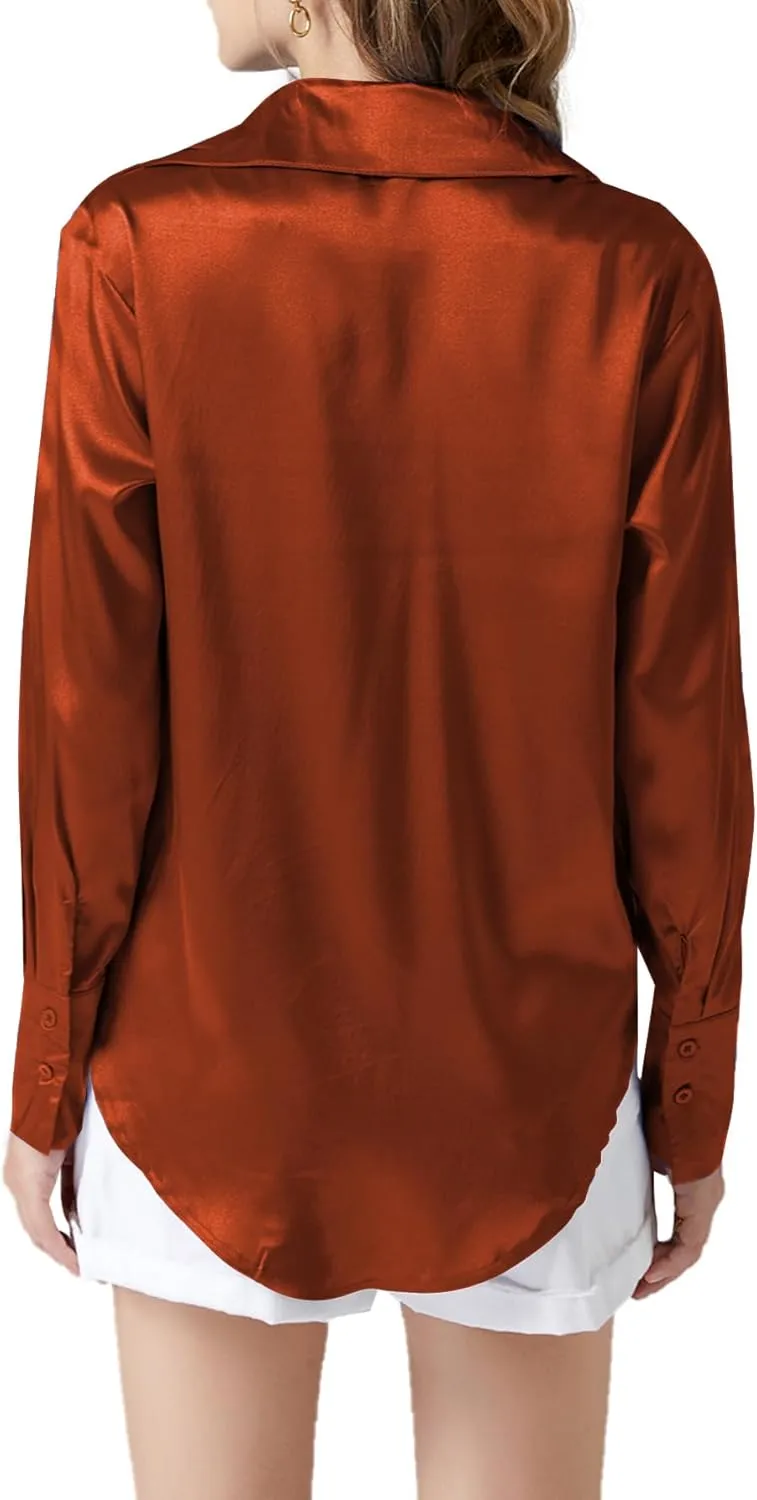 LYANER Women's Satin Silky Collar Buttons Down Long Sleeve Work Blouse Shirt Tops